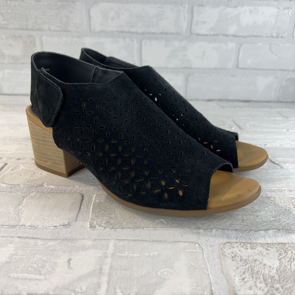 Korks Shoes Womens 8.5 Black Suede Leather Open Toe Block‎ Heel Sandals Cutout